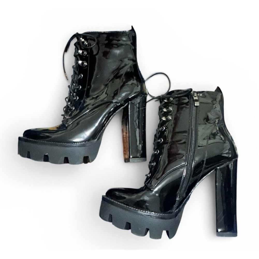 WETKISS Black Patent Leather Platform Boots Chunk Heel Punk Goth Lace Up SZ 8/38 - Picture 5 of 8